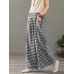 Women Plaid Print Elastic Waist Vintage Casual Loose Wide Leg Pants With Pockets