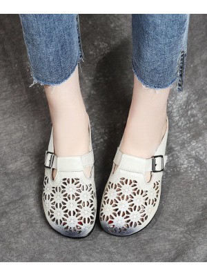 Art Hollow Out Beige Genuine Leather Slide Sandals