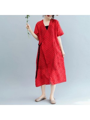 2018 red striped long cotton linen dress oversized v neck tie waist cotton linen clothing dresses boutique short sleeve kaftan