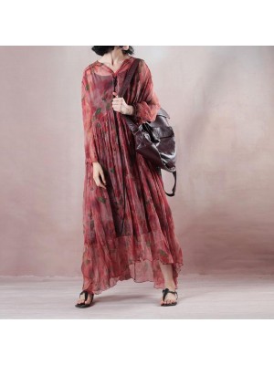 fine light red silk dress v neck long sleeve gown print Cinched drawstring maxi dress