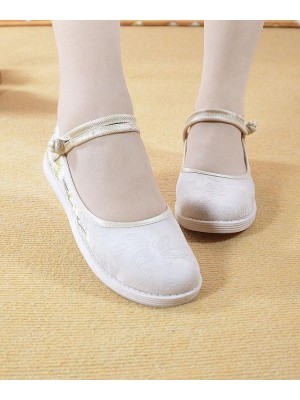 Beige Embroideried Cotton Fabric Flat Shoes Buckle Strap Flat Shoes