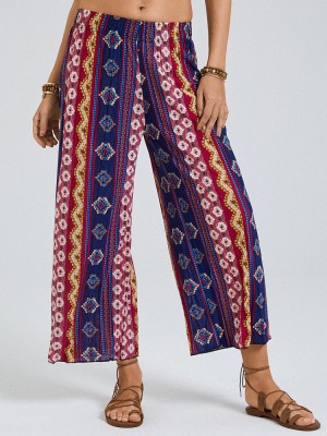 Bohemia Ethnic Print Elastic Waist Wide Leg Lounge Pants For Women