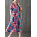 Modern blue prints cotton linen clothes For Women short sleeve wild long summer Dresses