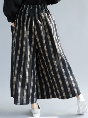 Women Plaid Striped Print Plus Size Side Pocket Loose Pants