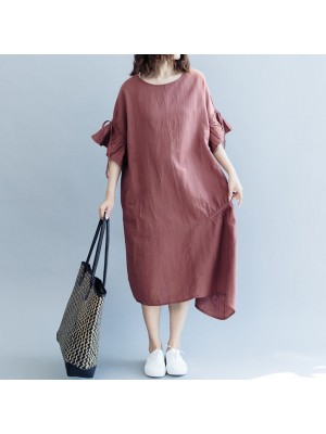 boutique burgundy cotton linen dress oversized O neck drawstring traveling clothing Fine Petal Sleeve baggy dresses