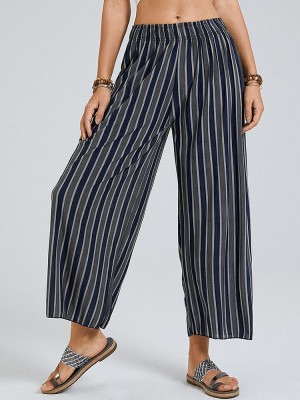 Striped Print Elastic Waist Wide Leg Lounge Pants For Women