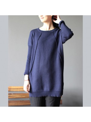 dark blue new cotton sweater tops vintage  fit mid long knit pullover
