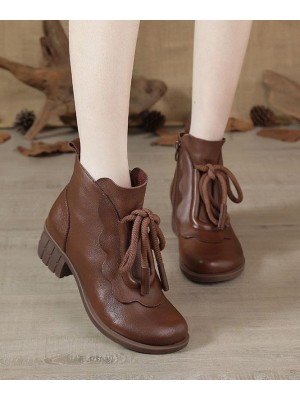 Brown Boots Chunky Cowhide Leather Fashion Lace Up Boots