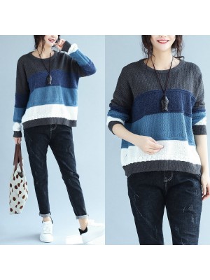 autumn winter patchwork woolen knit tops plus size casual blue gray striped sweater