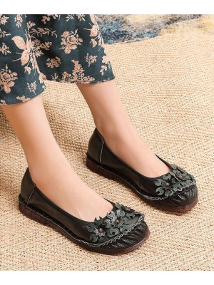 Black Floral Cowhide Leather Flats Splicing Flat Feet Shoes