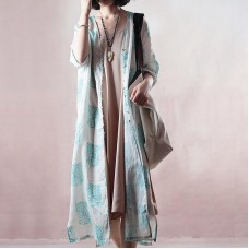 stylish blue print long linen dresses plus size clothing v neck side open traveling dress Fine half sleeve gown