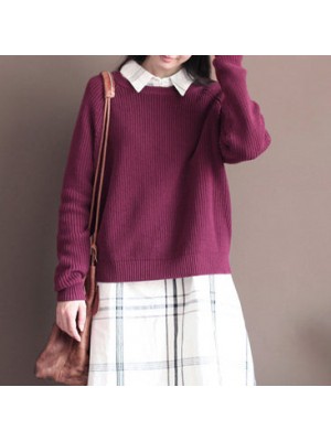 Winter casual burgundy cotton sweater tops plus size vintage knit blouse