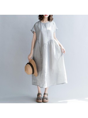 fine gray natural linen dress oversize o neck patchwork linen maxi dress 2018 short sleeve baggy dresses