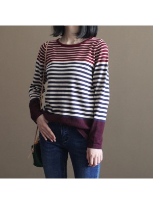vintage burgundy striped patchwork cotton knit tops casual elastic sweater