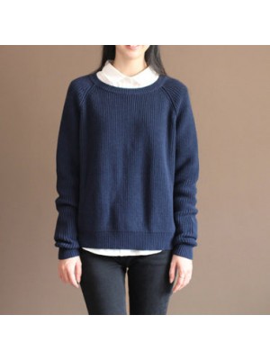 new dark blue solid color cotton knit t shirt vintage loose batwing sleeve sweater tops