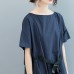 baggy dark blue long cotton dresses plus size o neck tie waist caftans vintage short sleeve dresses