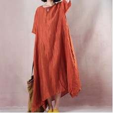 vintage orange linen maxi dress plus size clothing o neck tie waist linen maxi dress fine short sleeve gown