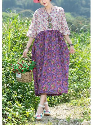 Modern purple patchwork Cotton clothes v neck Plus Size summer floral Dresses