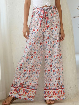 Bohemian High Waist Knotted Floral Print Holiday Ethnic Wide Leg Pants