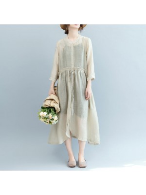 baggy off white Midi linen silk blended dresses Loose fitting casual dress fine tie waist long sleeve o neck baggy dresses