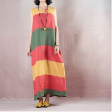 New multicolor striped linen maxi dress trendy plus size O neck linen maxi dress Fine Sleeveless baggy dresses