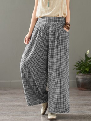 Women Plaid Print Elastic Waist Vintage Casual Loose Wide Leg Pants With Pockets