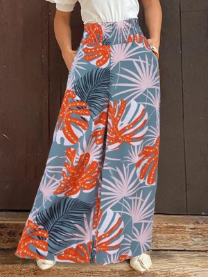 Woman Elastic Waist Floral Preppy Style 100  Polyester Loose Pants