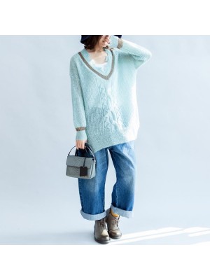 new light green warm woolen sweater oversized casual v neck knit tops