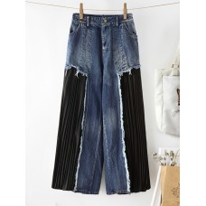 Patchwork Denim Pleated Trousers Stitching Hem Pocket Button Loose Jeans