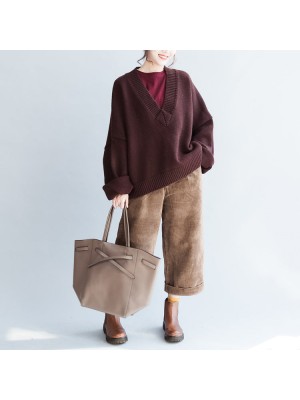 Plus size cotton sweaters burgundy casual loose long knit pullover
