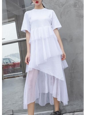 French white cotton Tunic patchwork tulle Robe summer Dresses