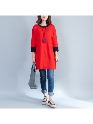 autumn new red casual cotton knit tops plus size o neck pullover