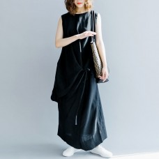 Elegant black linen maxi dress oversized O neck baggy dresses linen clothing dress casual Sleeveless tie waist caftans