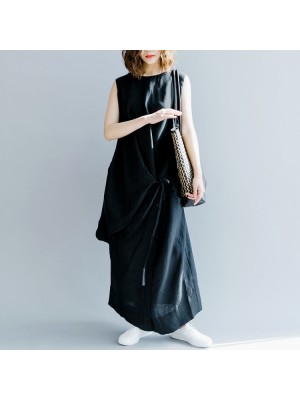 Elegant black linen maxi dress oversized O neck baggy dresses linen clothing dress casual Sleeveless tie waist caftans