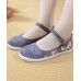 Beige Embroideried Cotton Fabric Flat Shoes Buckle Strap Flat Shoes